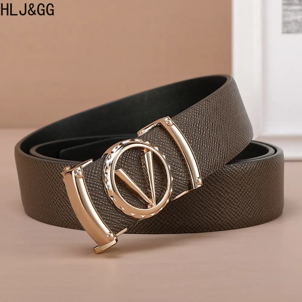 HLJ&GG Men's Good Quality V Letter Genuine Leather Automatic Buckle Belts Casual Business Pants Waistband For Man Summer 2023 Ne