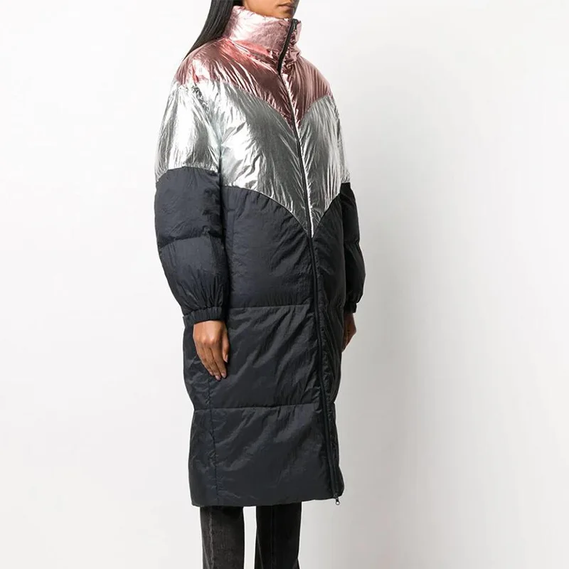 Autumn Winter Zipper Color Patchwork Fashion Thickening Jackets Women Turtleneck Mid-length Coats Loose Casual Female Overcoat