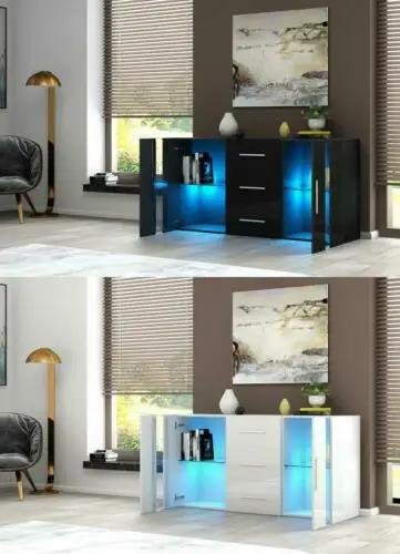 

LED Sideboard High Gloss Buffet Cupboard Display Cabinet TV Unit Stand 2 3 Doors