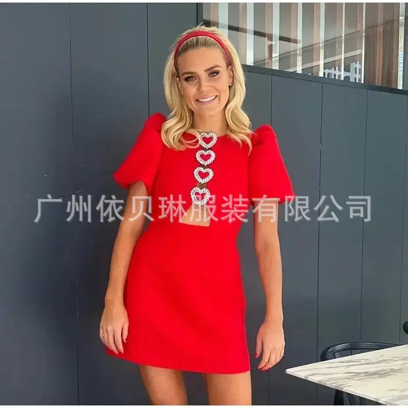Элегантное мини-платье с бантом женское красное платье круглым вырезом коротким