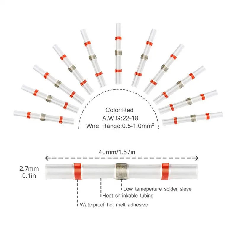 

10/50PCS Heat Shrinkable Wire Connectors SST21 Waterproof Sleeve AWG22-18 Butt Electrical Splice Tinned Solder Seal Terminal