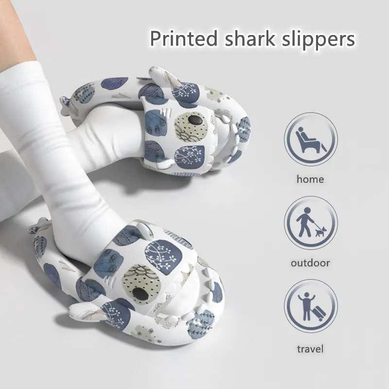 Couple Printed Shark Slippers Women Men Thick-soled Slides Home EVA Non-slip Flip Flops Couple Sandals Anti-slip Flat Shoes