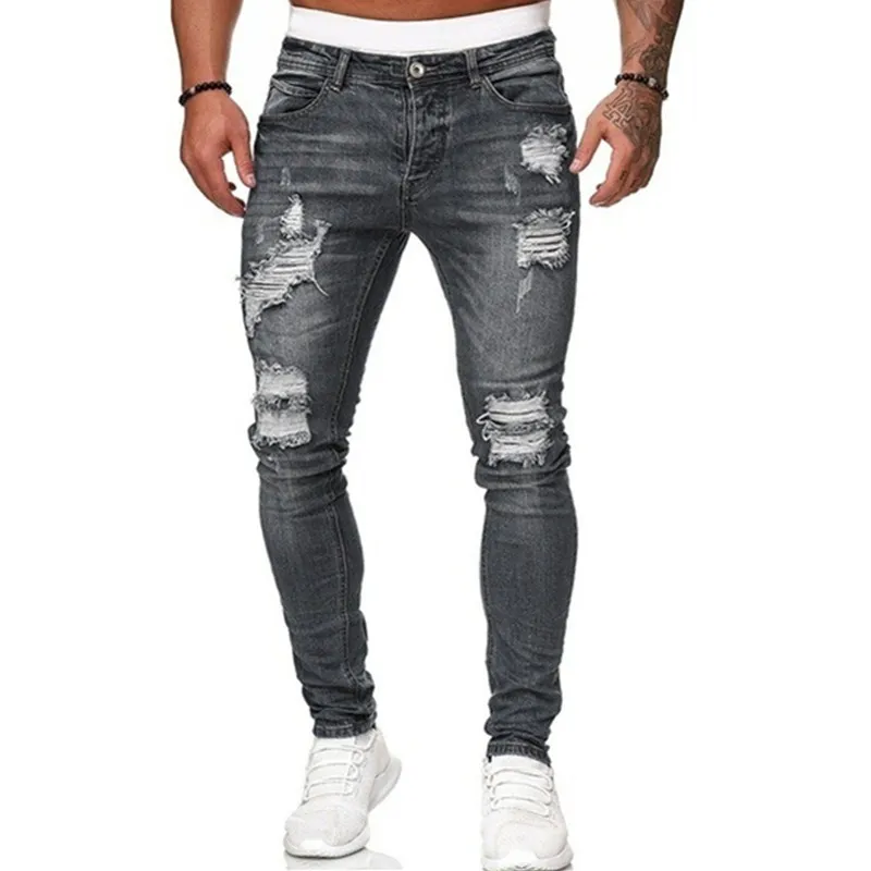2022 High Quality Mens Ripped Skinny Jeans Blue Slim Fit Hole Pencil Pants Casual Biker Trousers Streetwear  Denim Man Clothing