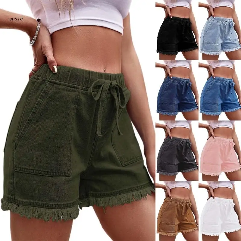 

X7YA High Waisted Drawstring Rip Shorts Stretchy Denims Hot Short Pant Summer Jean Bottom Wearing for Sexy Women Girl