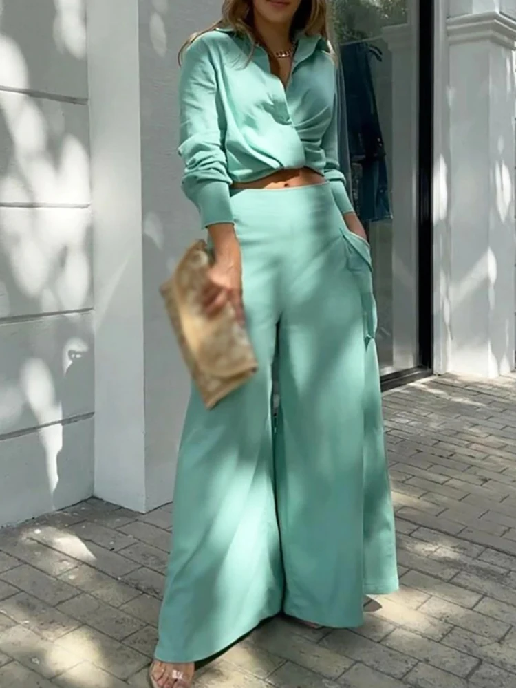

2022 Ladies Suit Spring Fashion Long Sleeve Shirt High Waist Wide Leg Pants Two Piece Set Women's Elegant Office Lady Solid Suit