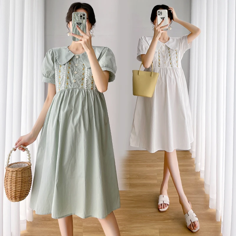 

817# Summer Korean Fashion Embroidery A Line Slim Maternity Dress Ins Elegant Clothes for Pregnant Women Pregnancy Dresses
