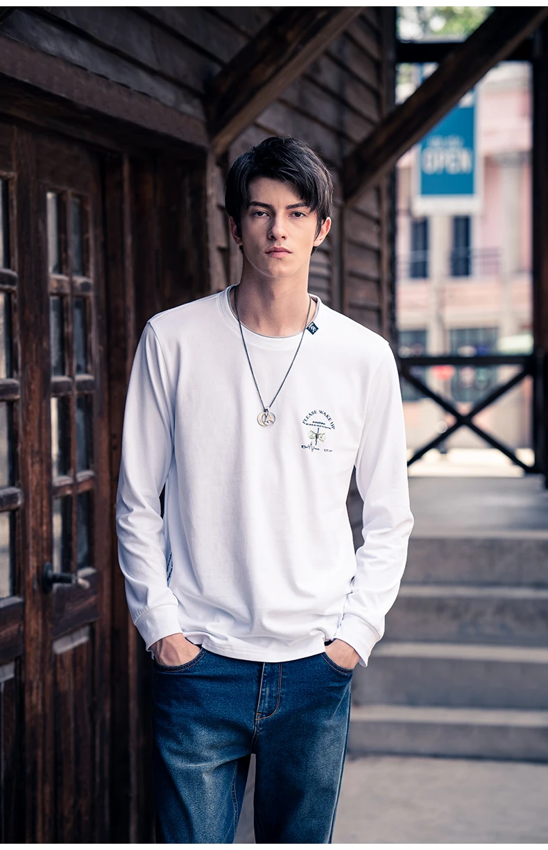 

7824 new men's long-sleeved T-shirt 250g brushed cotton printed round neck spring and autumn bottoming shirt