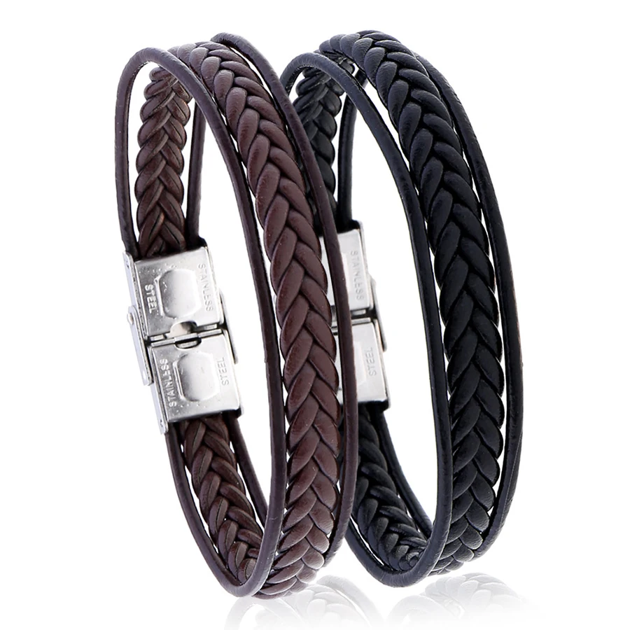 

Simple Multilayer Casual Stainless Steel Men's Bracelet Leather Braided Rope Titanium Steel Trendy Bracelet For Male Female