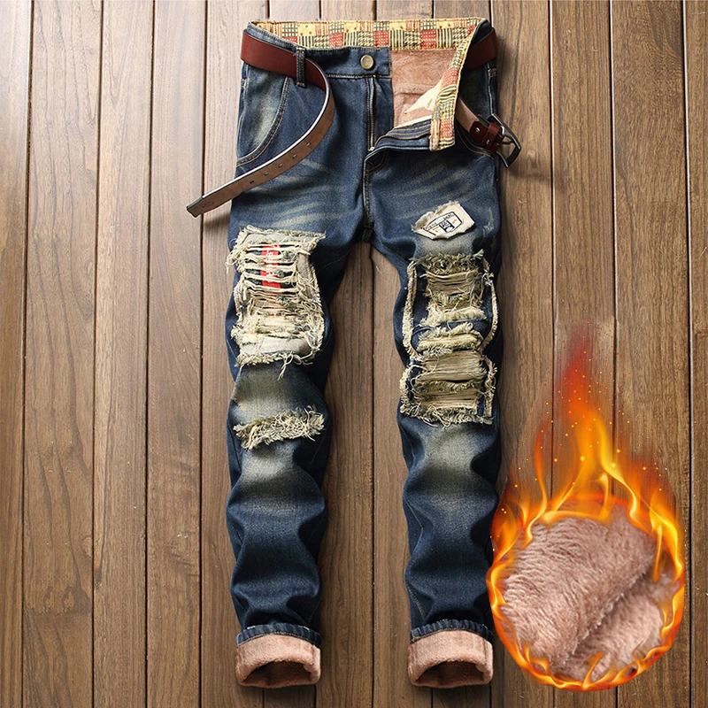 Winter Men Fleece Warm Jeans High Quality Straight Patch Beggar Hole Jean Trousers Regular Fit Thicken Flocking Warm Men's Pants