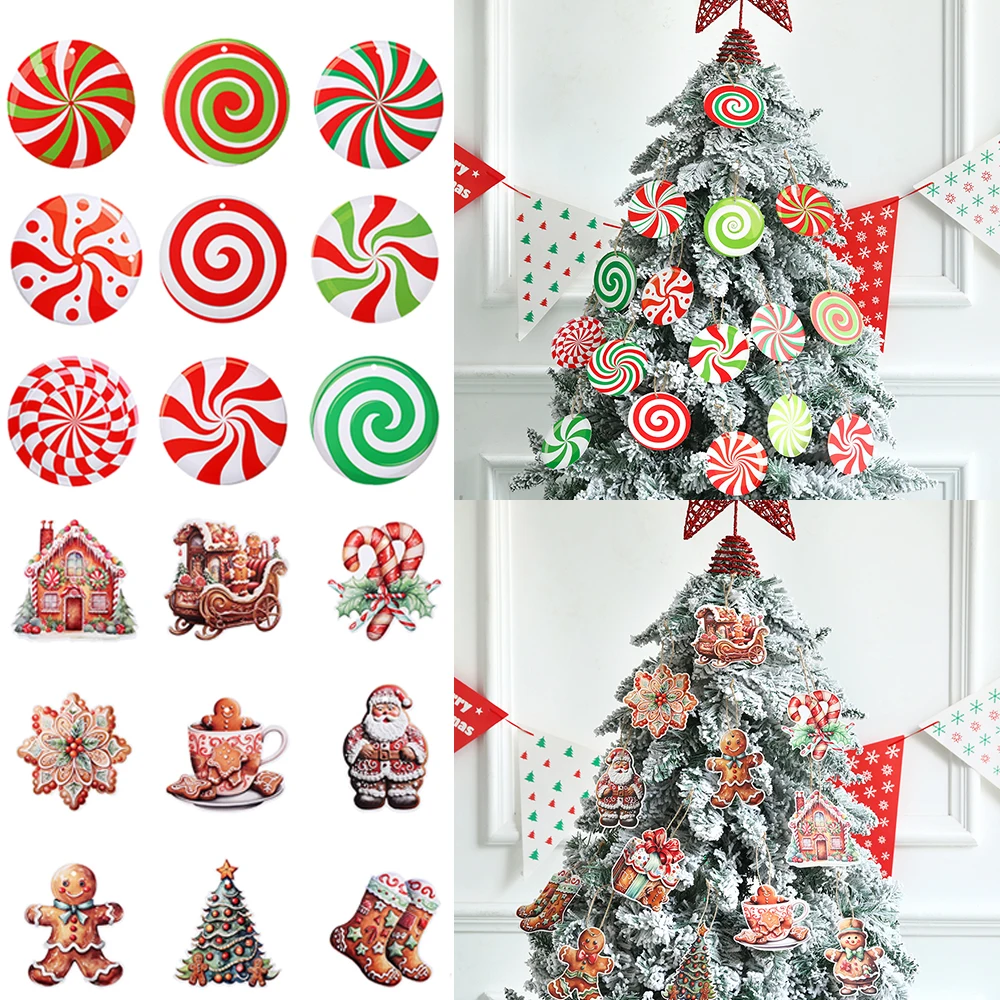 12/16pcs Christmas Decoration Xmas Tree Candy Pendant Colorful Candy Cane Gingerbread Man Shape Paper Oranment Home Navidad 2024
