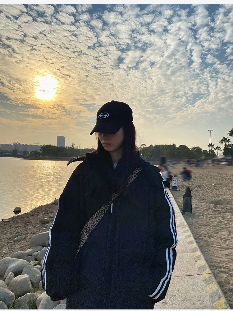 Down Cotton Jacket Coat Women Striped Jacket Female Korean Style Medium Length Thickened Padded Jacket Fashion Loose Cotton Coat