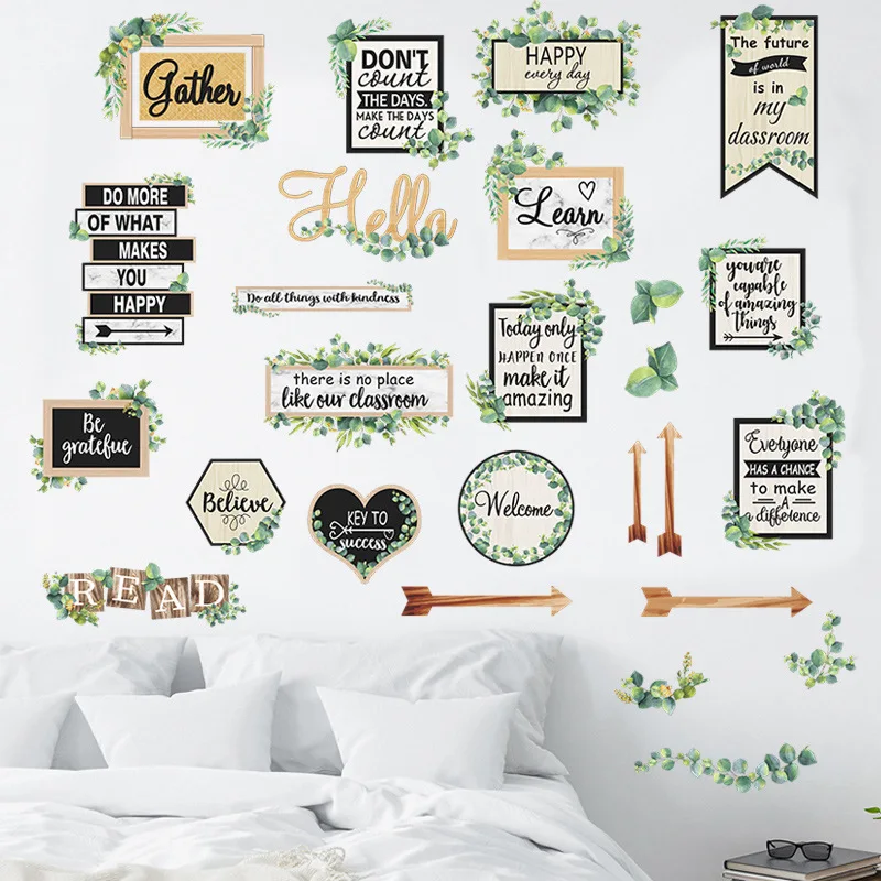 

Inspirational English Slogan Green Plant Kindergarten Pvc Material Self-Adhesive Wall Stickers Decor Home Accessories Wallpaper