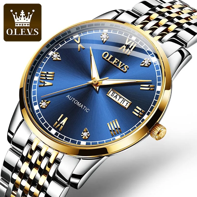 OLEVS Automatic Mechanical Watch Fashion New Men Clock Luminous Weekly Calendar Display Stainless Steel Watches Waterproof Reloj