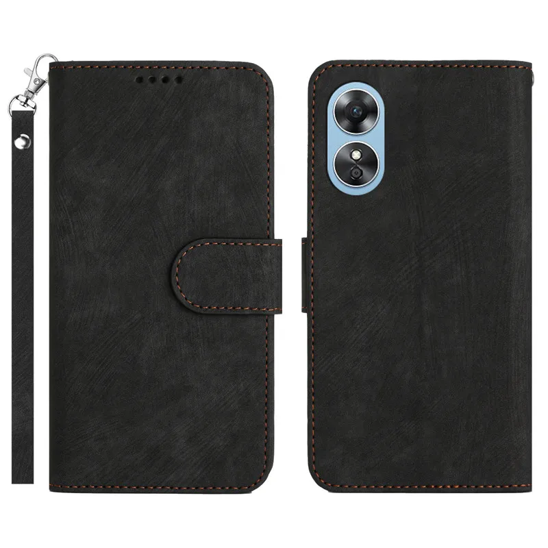 Textured Solid Colors Phone Wallet Case For OPPO A17 A 17 OPA17 OPPOA17 CPH2477 Coque Fundas Matte Flip Cover Protect Bags