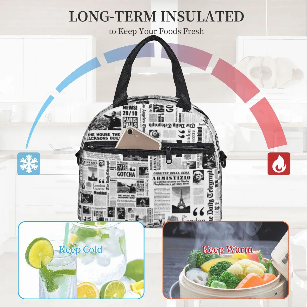 

Vintage Newspaper Lunch Bag with Handle Black White Food Cooler Bag Elegant Carry Camping Thermal Bag