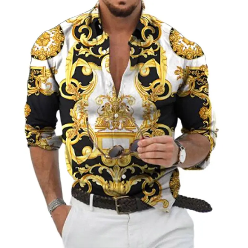 

Nation Style Summer Man Shirt 2023 Mens Ethnic Printed Stand Collar Stripe Long sleeve Loose Hawaiian Henley Casual Shirt c5