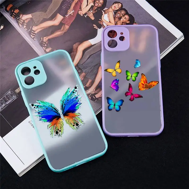 

Colorful butterflies Phone Case For iPhone 13 12 11 Mini Pro XR XS Max 7 8 Plus X Matte transparent blue Back Cover
