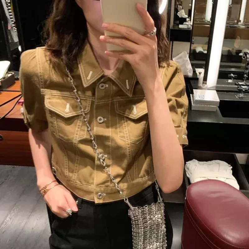 

Deeptown Vintage Denim Women Blouses Brown Cropped Top Y2k Streetwear Puff Sleeve Shirts Korean Fashion Casual Kpop Chic Retro