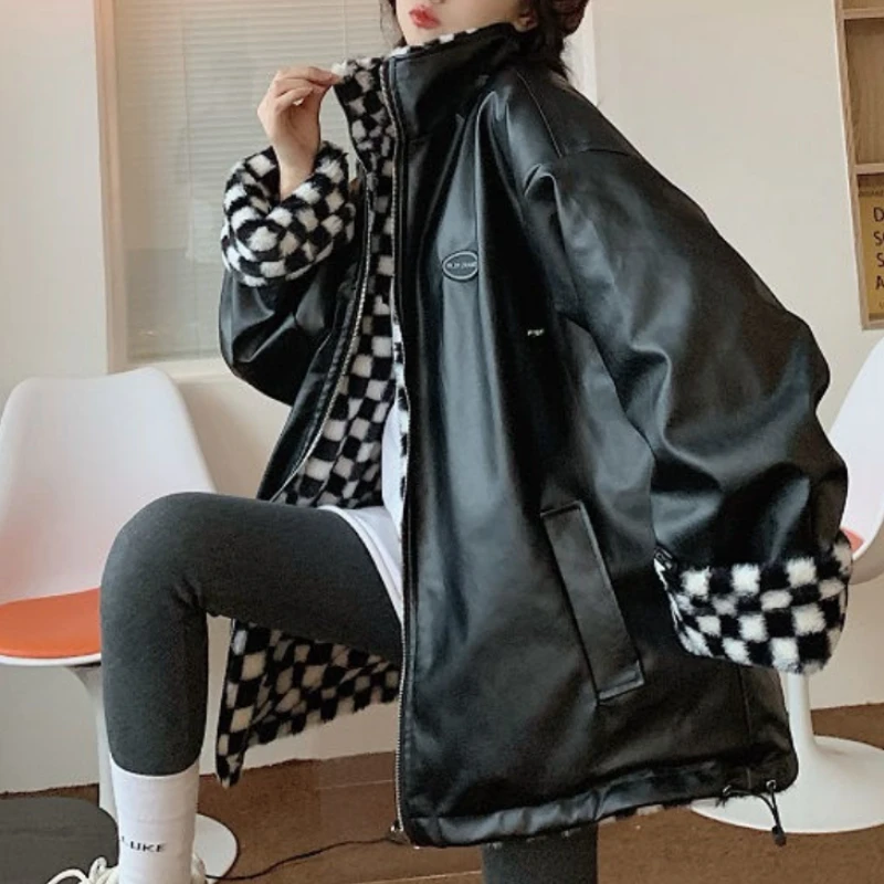 

Winter Jacket Women 2022 Fashionable Chessboard Plush Thickened Cotton Padded Jacket Wear Both Sides PU Leather Parkas Coats