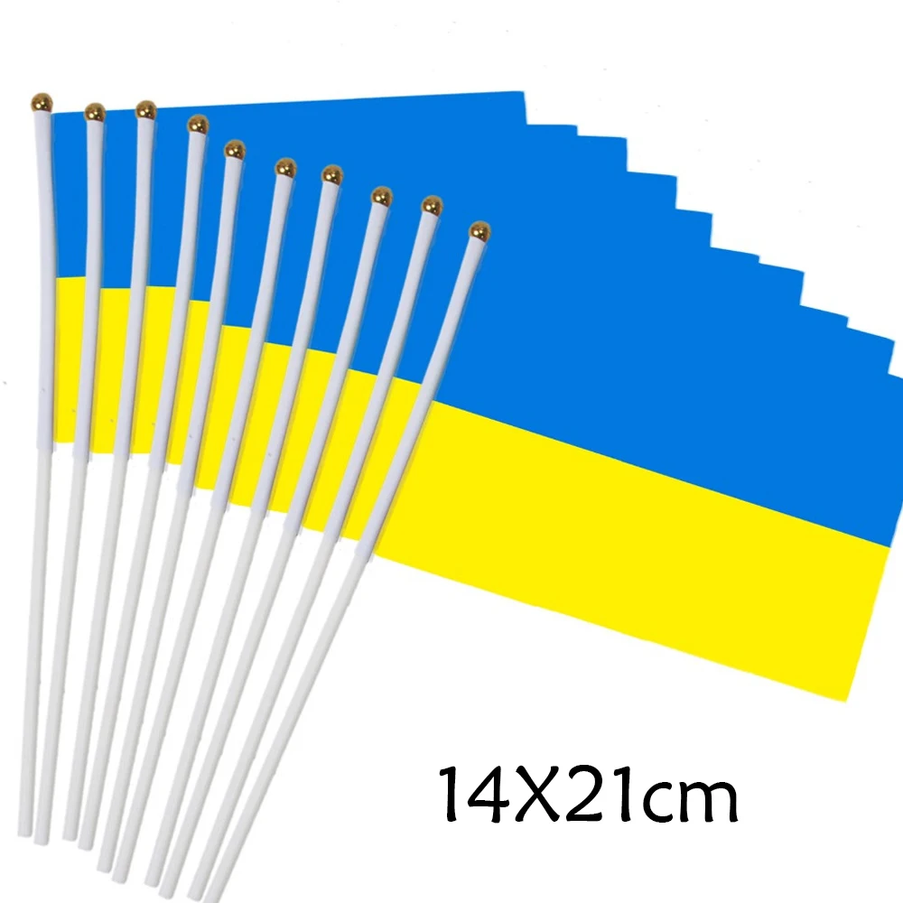 14X21 CM Ukrainian Flag Small Hand Waving For Car With Plastic Pole Double Sided Polyester Printing Ukraine National Flags Peace