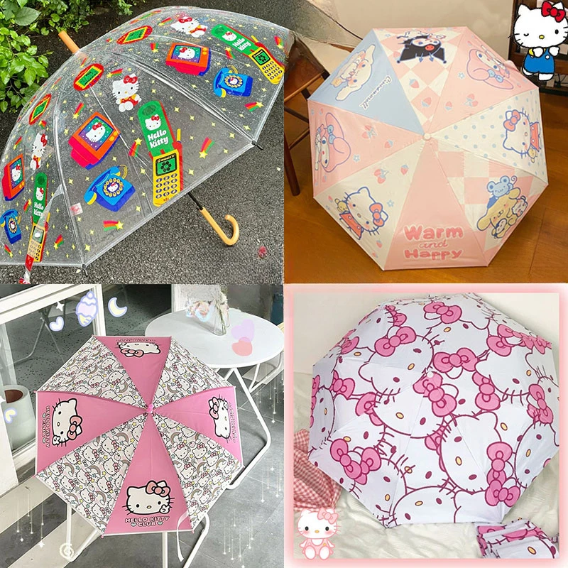 

Kawaii Sanrio Hello Kitty Umbrella Cartoon Transparent Folding Sunshade Dual-use UV Trifold Umbrella Protection Necessities