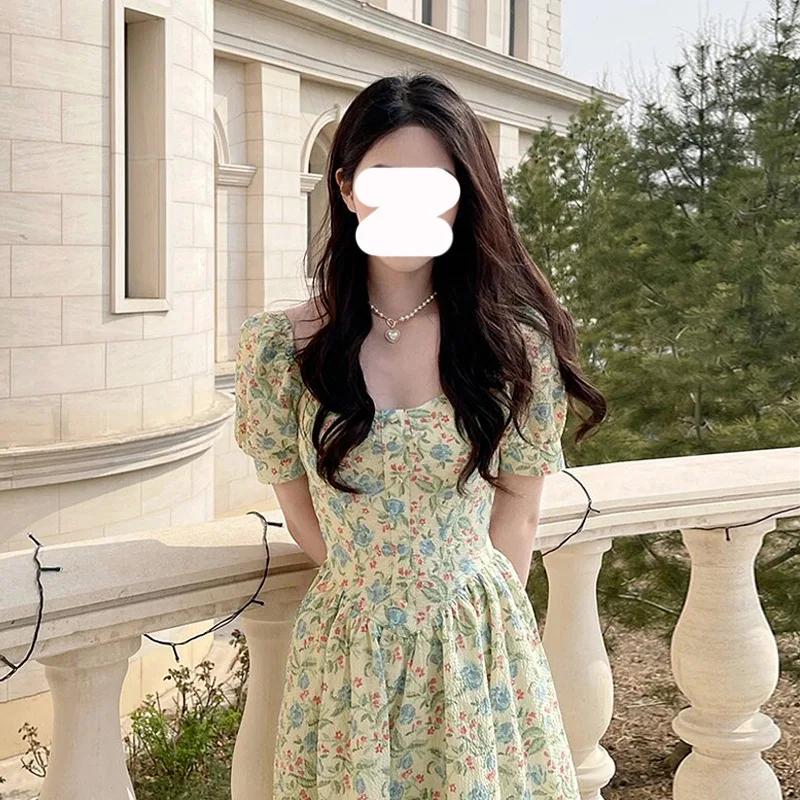 

Floral Elegant Short Sleeve Dress Woman Casual 2023 Summer Sexy Square Collar Ladies Chic High Waist A Line Beach Dresses