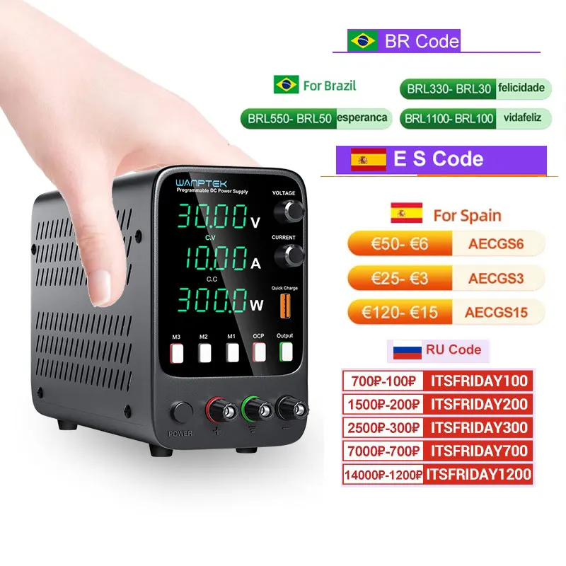 

Регулируемый источник питания постоянного тока 30 в 10 А Wanptek светодиодный лабораторный настольный источник питания стабилизированный источ...