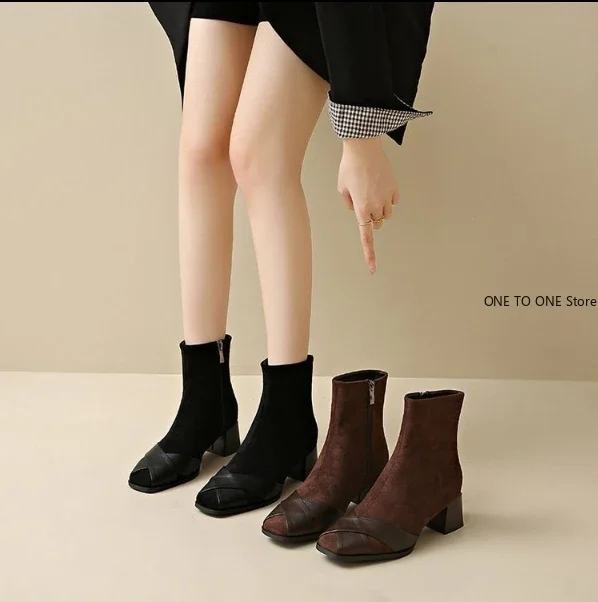 Fashion New Women Split Toe Chelsea Boots Slim Slip On Chunky Heel Platform Ankle Mujer Booties Botas