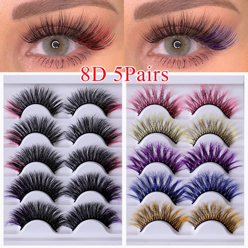 

5 Pairs False Eyelashes Mix Colored Lash Extension 3D Faux Mink Reusable Fluffy Beauty Eye Makeup Fashion Red Green Yellow Pink