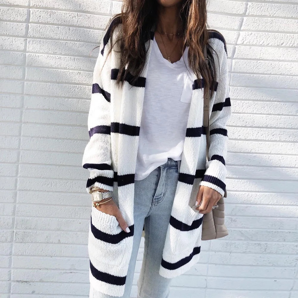 

2021 Spring and Autumn New Casual Women's Black and White Stripes V-neck Cardigan Mid-length Sweater Loose Jacket Women Cardigan