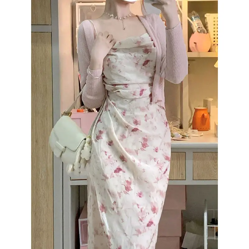 

[Two-Piece Set] Summer Korean Style Solid Color Thin Cardigan Top Temperament Waist-Controlled Split Suspender Skirt