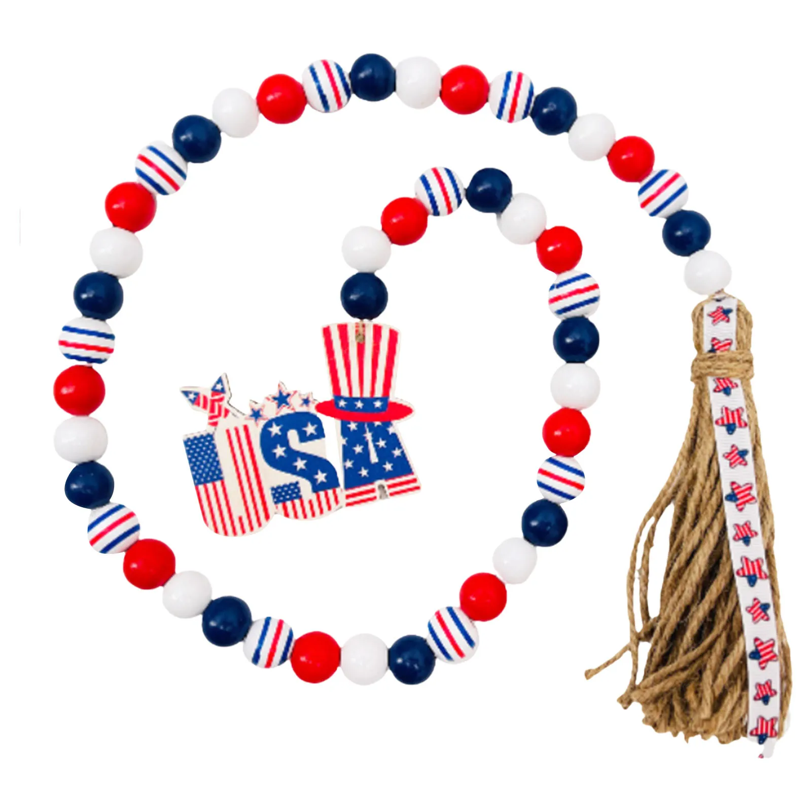 

Independence Day Wooden Bead Garland Decorative Beaded Wreath For Memorial Independence Day Rustic Tiered Tray Decor