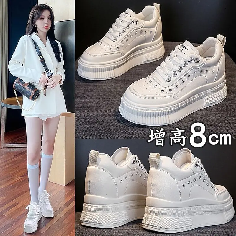 Height Increasing Insole Women's 2023 Spring New Rhinestone White Shoes 8 cm Platform Casual Popular Sneakers