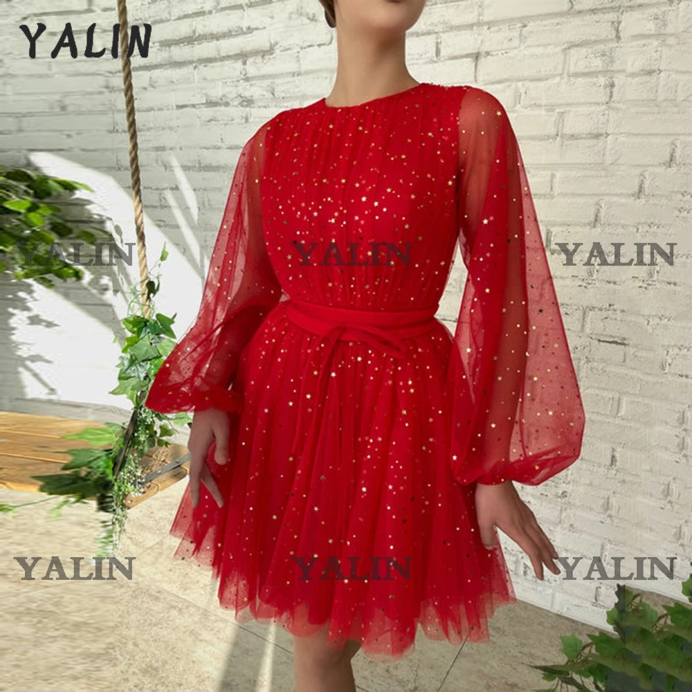 

YALIN Long Puff Sleeves Cocktail Party Dess Mini Length Red Tulle With Golden Stars Graduation Gown Short O-Neck Prom Dresses
