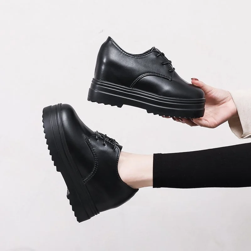 

Туфли женские из лакированной кожи, толстая подошва, на шнуровке, повседневные оксфорды, черные, осень-весна