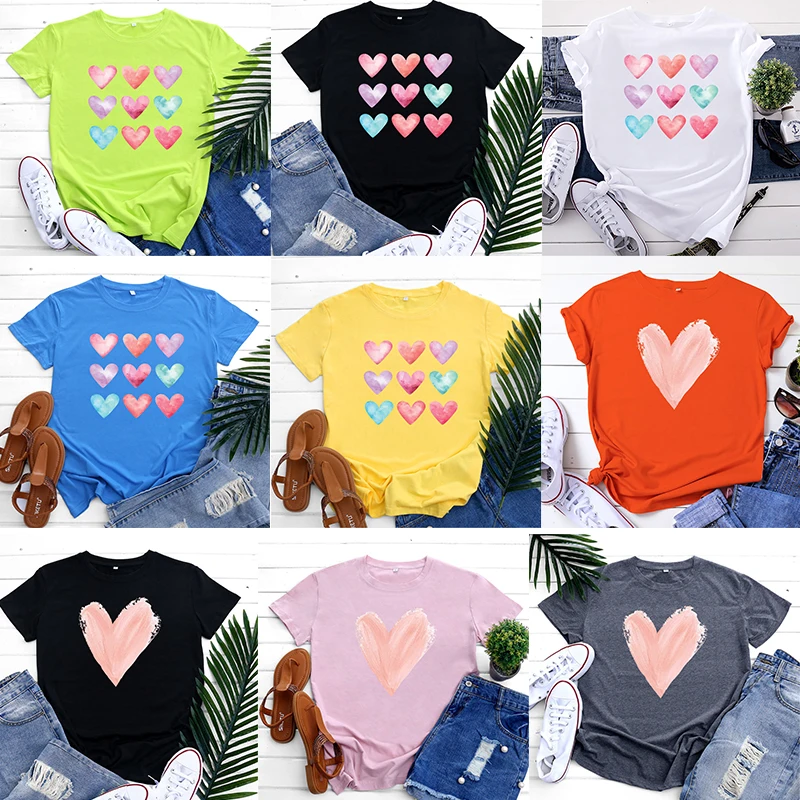 

100% Cotton Plus Size Women T-Shirt S-5XL Funny Cartoon Heart Shirt Women Tops O Neck Short Sleeve Tees Summer Woman Tshirts
