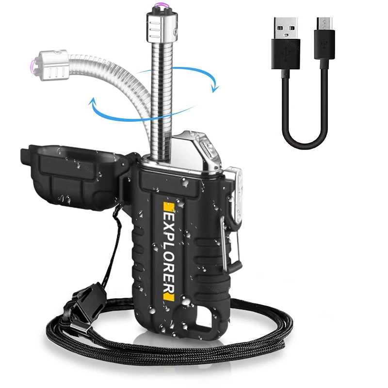 

Зажигалка с подвеской для активного отдыха, перезаряжаемая от USB, водонепроницаемая, выдвижная, вращающаяся на 360 градусов зажигалка с плазменной дугой, подарок для мужчин