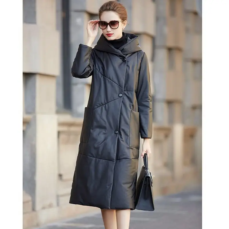 Black Pu Leather Jacket Women Winter Coats Mid Long Fashion Sheepskin Hooded Down Cotton Parka Thick Warm Female Clothing Padded