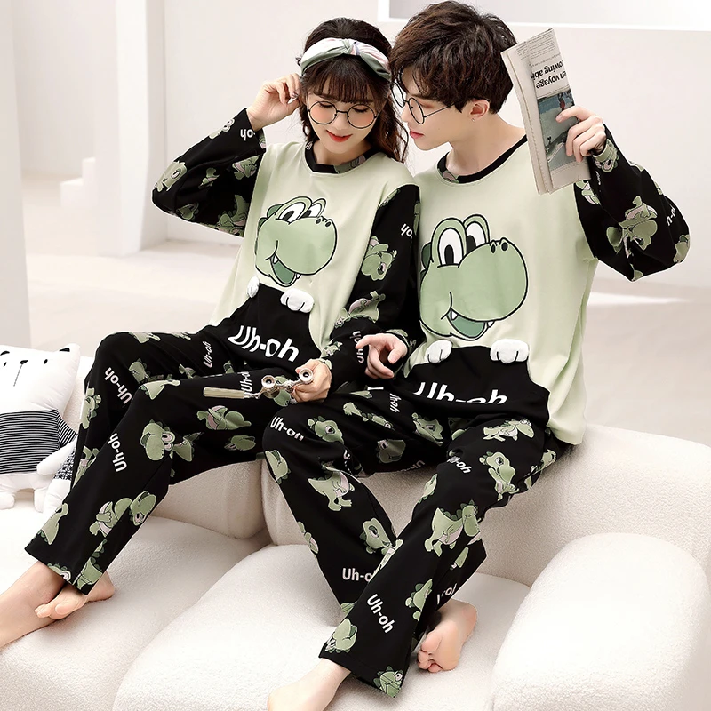 

Autumn Cartoon Dinosaur Women Men Pajama Set Couples Sleepwear Korean Loose Unisex Pijamas Mujer Long Sleeve Cotton Pyjama