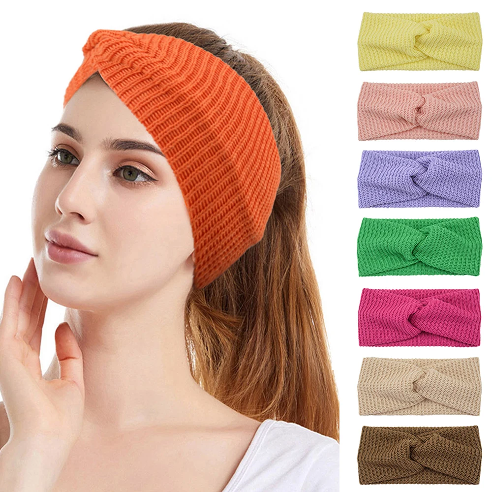 

Women Knitted Cross Headband Winter Crochet Wide Stretch Hairband Solid Color Turban Head Wrap Soft Ear Warmer Thicken Headwear