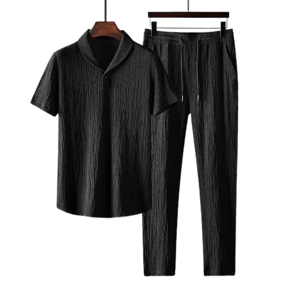 2Pcs/Set Summer Men's Suit Elastic Waistband Pleated Casual Outfit Men Business Short Sleeve Shirts Long Pants Set Male Clothing