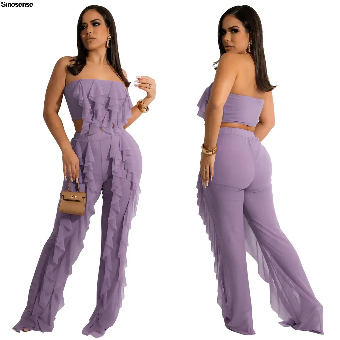 

Женский прозрачный сетчатый комплект из 2 предметов, короткий топ-труба и брюки с широкими штанинами, облегающий летний костюм с оборками дл...