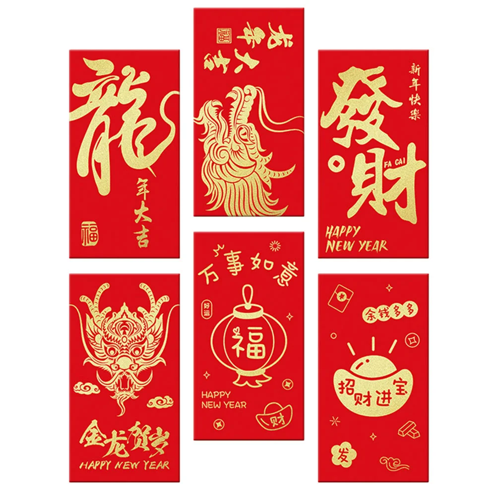 

6 Pcs Chinese New Year Red Packets Dragon Envelope Money Envelopes Pouches Paper Bags Style