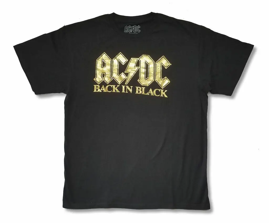 

AC/DC Back in Gold Shiny Reflective Print Black T Shirt New