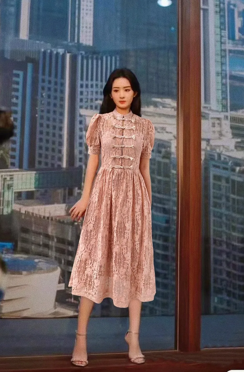 2023 spring and summer women's clothing fashion new Lace Plate Buckle Decoration Puff Sleeve Dress0609