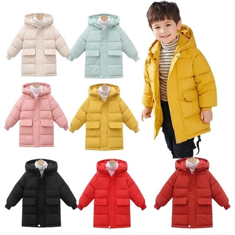 

Hooded Down Jacket Winter Kids Boys Zipper Thick Warm Students Teenage Girls Parka Casual Outdoor Long Coat Cotton Clothes 2022