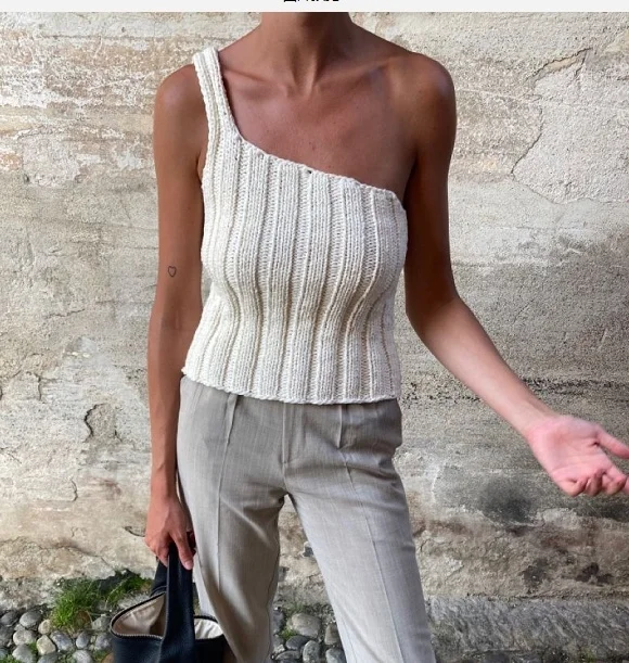 

Chic White Knitted Vest Tops Woen Casual One Shoulder Straps Tank Tops Party Street Sleeveless Sli Fit Ribbed Tanks
