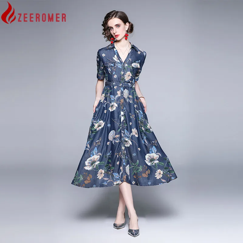 2022 Summer Elegant Denim Dress High Quality Women V-Neck Single Breasted Belted Print Midi Dress Lady Short Sleeve Party Robe