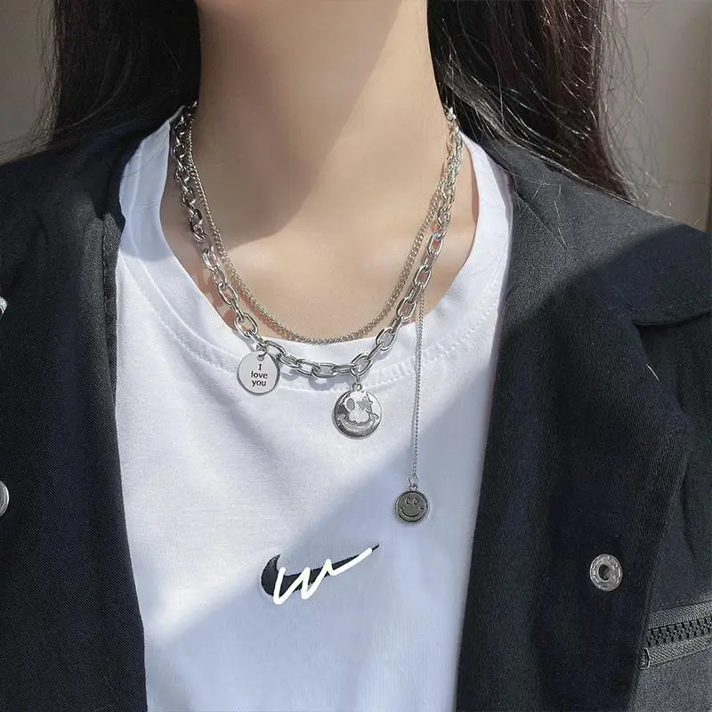 

Double-Layer Smiley Face Titanium Steel Necklace Female Popular Net Red Ins Cold Style Hip Hop Metal Clavicle Chain Accessories