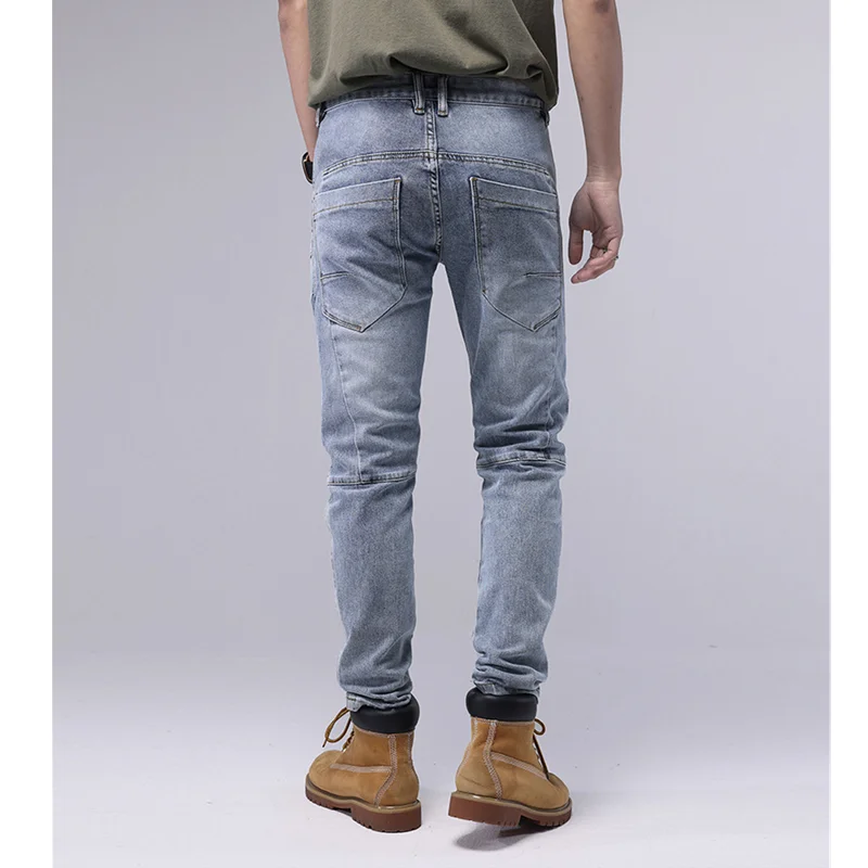 Men Clothing Fashion Locomotive Design Splicing Light Colour Jeans Slim Stretch Blue Pencil Pants 2022 Autumn and Winter Female